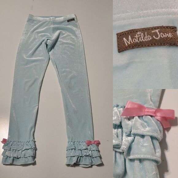 FROZEN ELSA ICE BLUE VELOUR RUFFLE MATILDA JANE PINK BOW BOHO STRETCH PANTS 10 - Picture 1 of 7